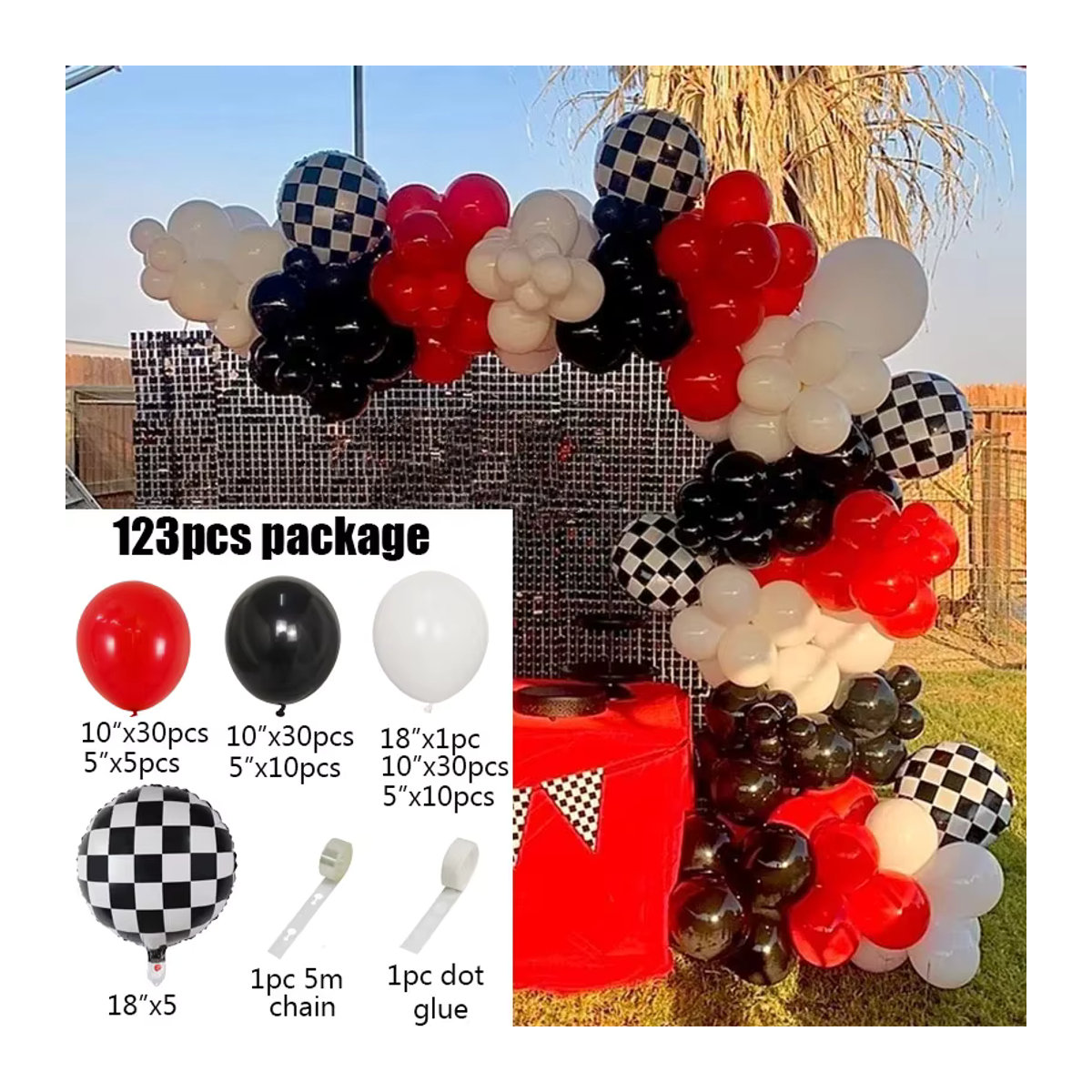 LQVYI Rennwagen Geburtstagsballons Set mit 123 Stück in Weiß, Schwarz und Rot für Kindergeburtstage und Babypartys - Bild 2