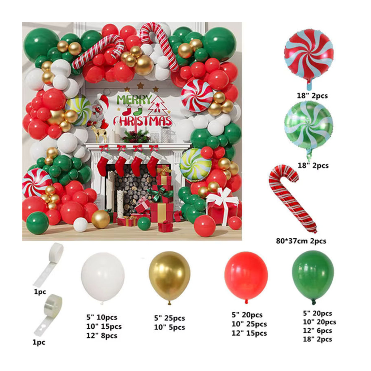 LQVYI Weihnachts Ballon Bogen Kit in Grün, Rot, Weiß und Gold mit Zuckerstangen-Folie für deine Weihnachts- und Geburtstagsdekoration - Bild 3