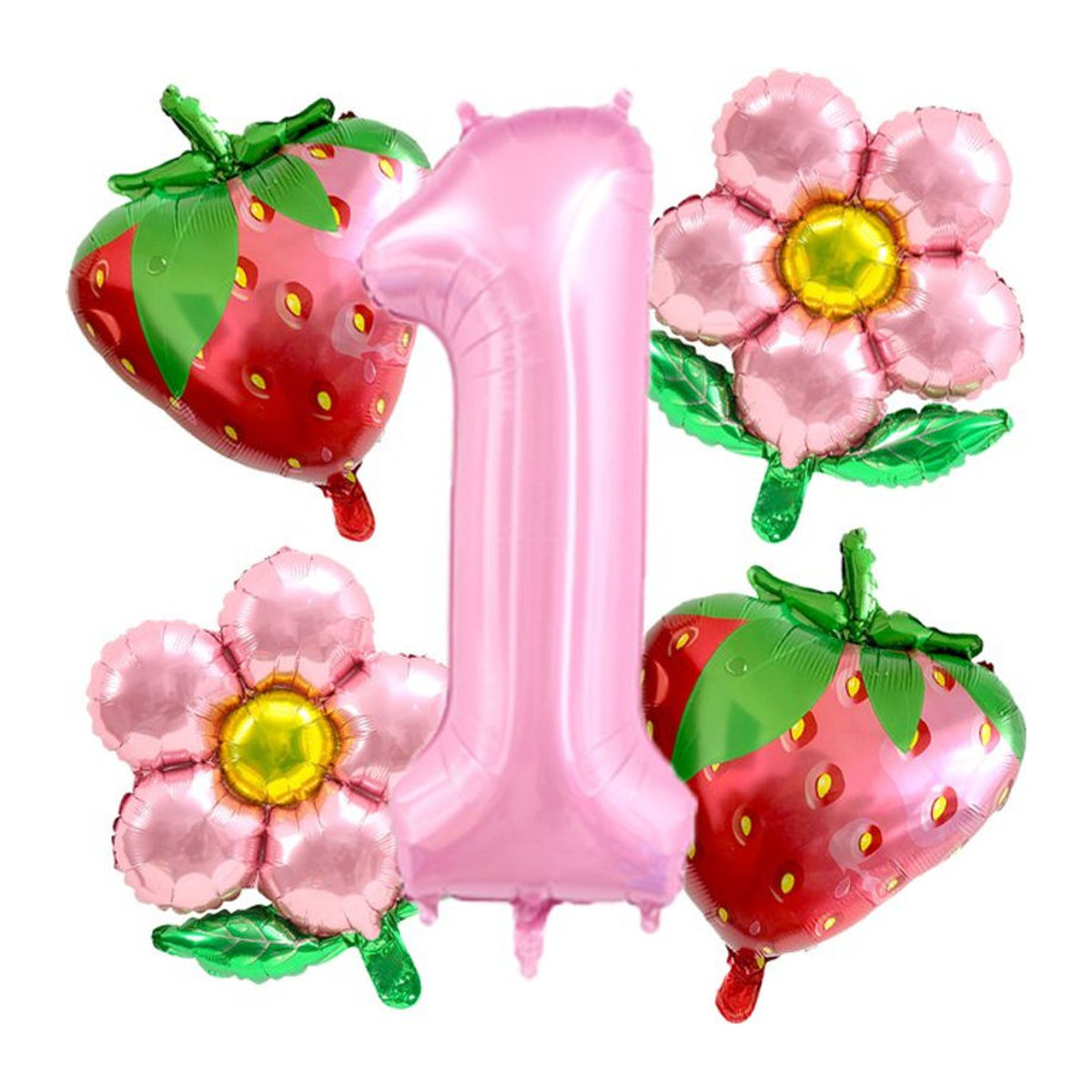 LQZZY 5er Set Folienballons mit Erdbeer- und Blumenmotiven sowie rosa Zahlenballon für Kindergeburtstage, mehrfarbig, Höhe: 101,6 cm - Bild 1