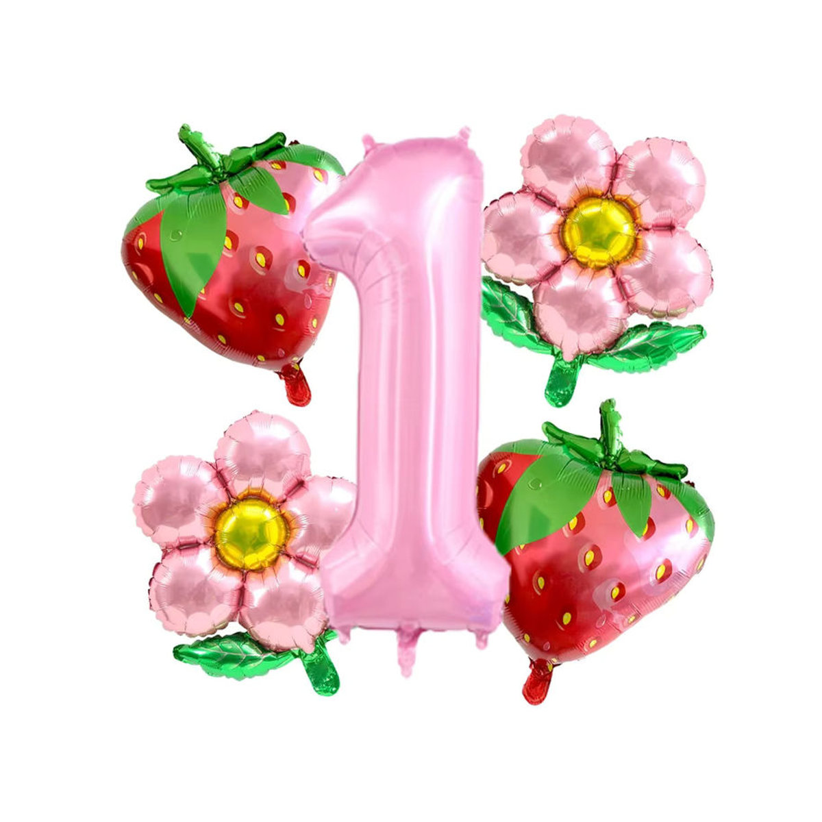 LQZZY 5er Set Folienballons mit Erdbeer- und Blumenmotiven sowie rosa Zahlenballon für Kindergeburtstage, mehrfarbig, Höhe: 101,6 cm - Bild 2