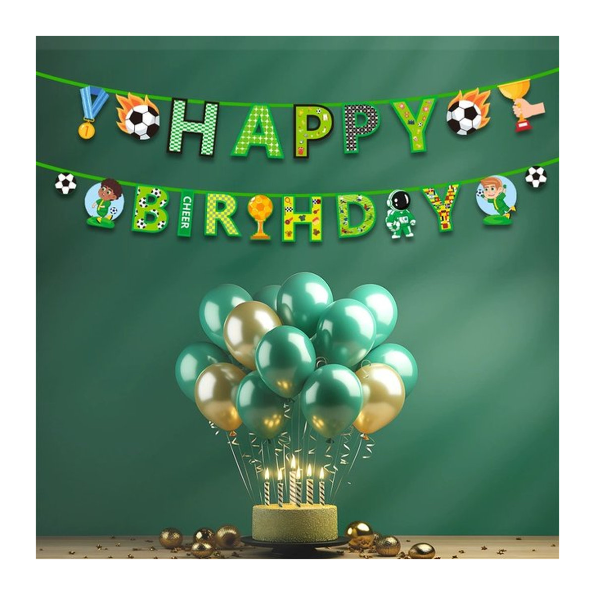 LQZZY Fußball Geburtstagsdekorations-Set mit Banner-Girlande und Cupcake-Toppern in Grün aus Papier - Bild 1