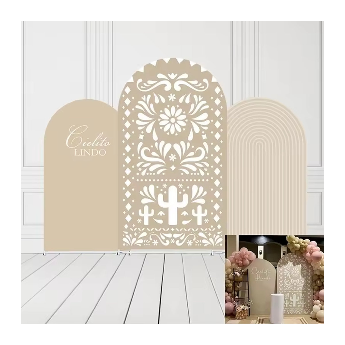 LS Custom Cielito Lindo Bogen Hintergrund Dekoration Chiara in Beige mit floralem Bohemian Design für Hochzeit, Kindergeburtstag oder Babyparty, 2-seitig - Bild 1
