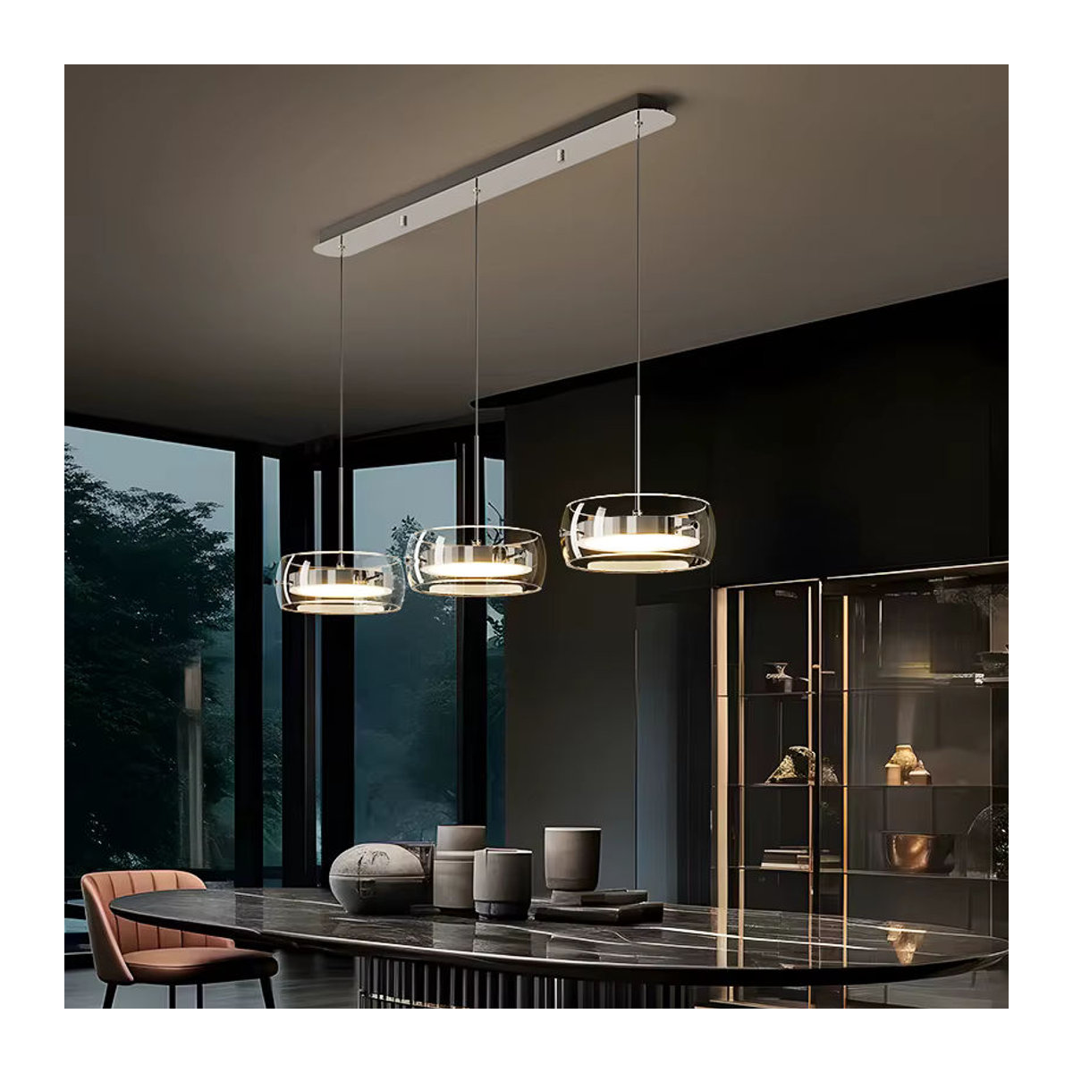 Ludengchaoshi LED Pendelleuchte aus Glas in Chrom, dreiköpfige moderne und minimalistische Esszimmerleuchte - Bild 2