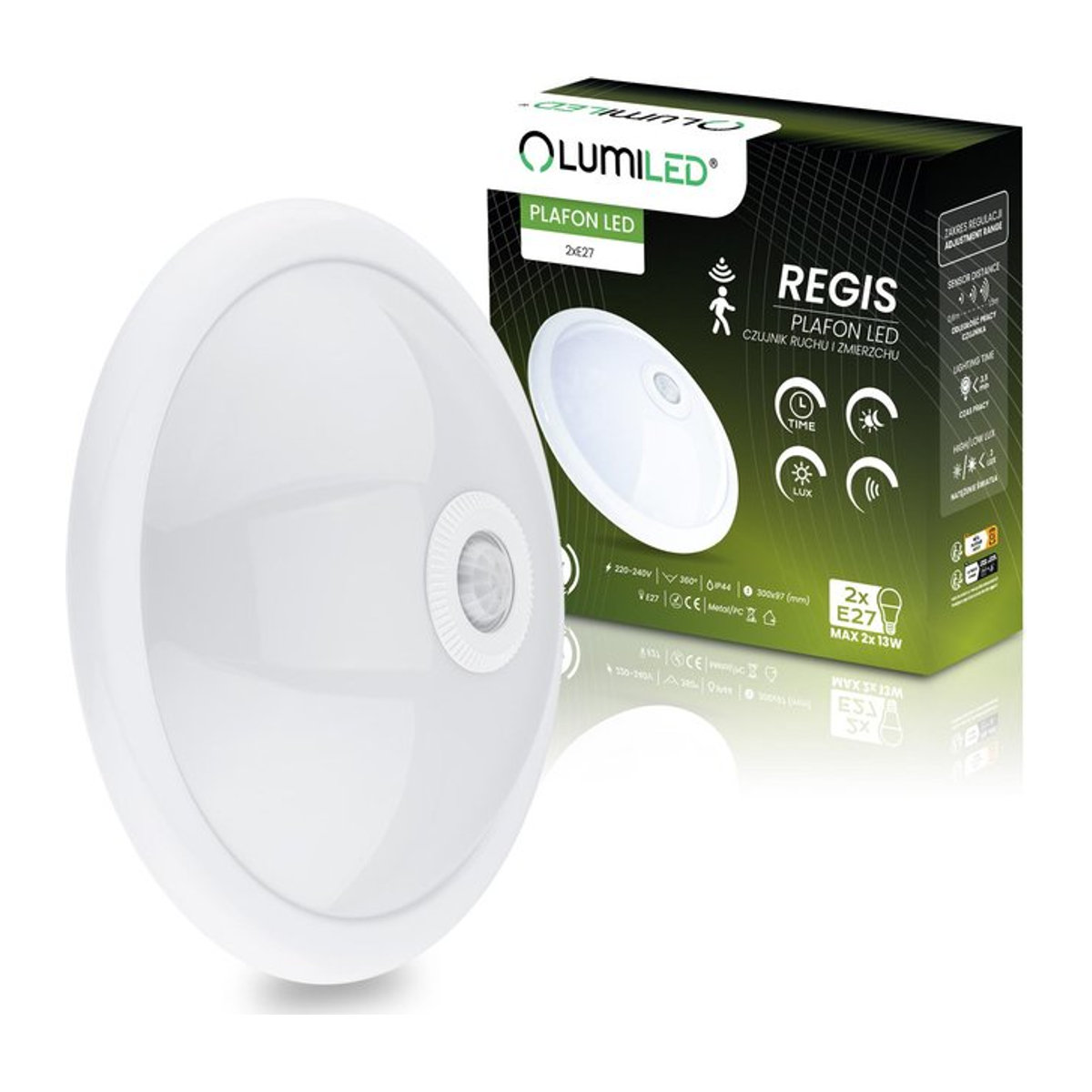 Lumiled LED-Deckenleuchte Regis Weiß Rund mit Bewegungssensor und Dämmerungssensor, 2x E27, IP44, Durchmesser: 30 cm - Bild 1