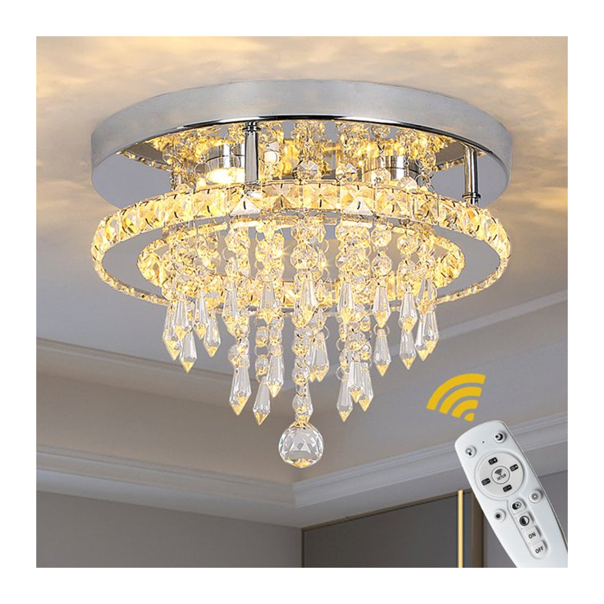 Luminai Moderne K9 Kristall Deckenlampe mit LED und Fernbedienung, Kronleuchter in Chrom und Edelstahl für Wohnzimmer und Esszimmer - Bild 1