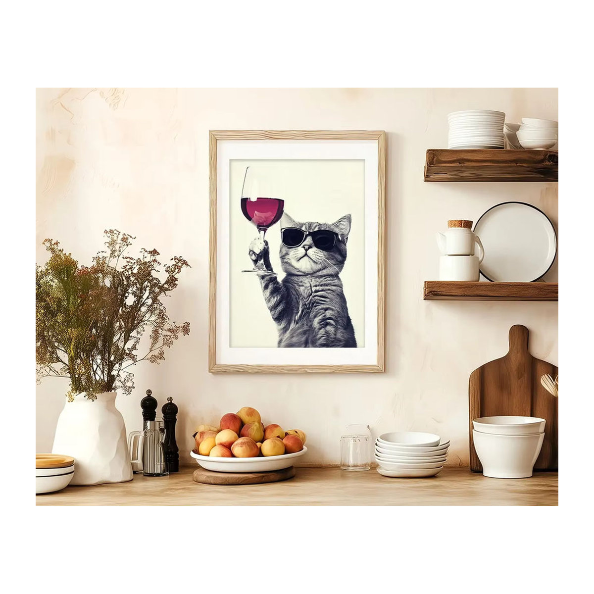 Lustige Wandkunst für Weinliebhaber mit Katze beim Rotwein trinken, mehrfarbiger Textildruck auf Holz, Wanddekoration für deine Küche oder Homebar - Bild 1