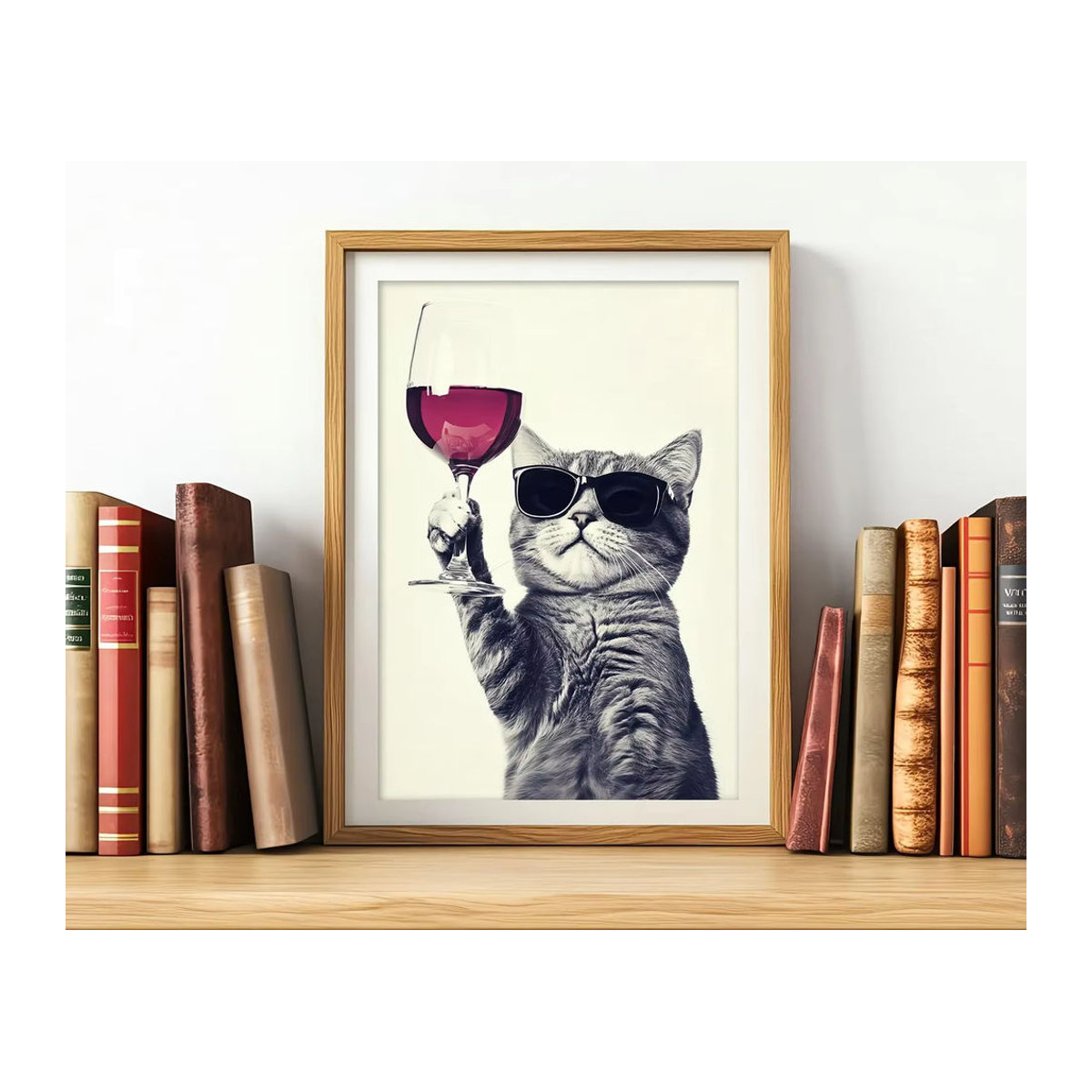 Lustige Wandkunst für Weinliebhaber mit Katze beim Rotwein trinken, mehrfarbiger Textildruck auf Holz, Wanddekoration für deine Küche oder Homebar - Bild 2