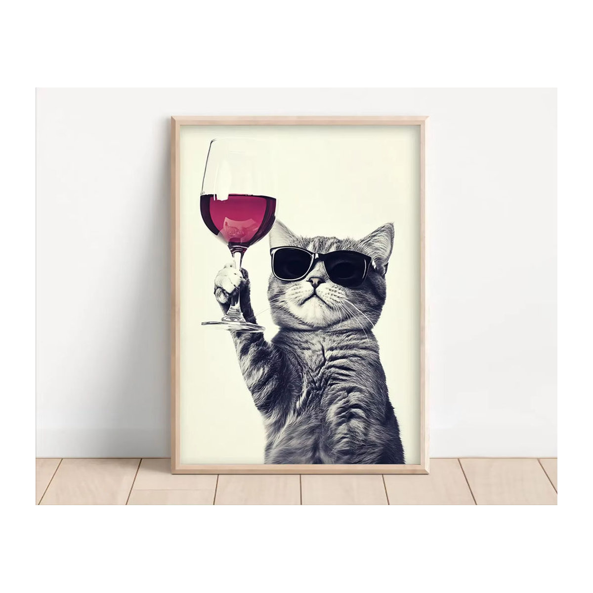 Lustige Wandkunst für Weinliebhaber mit Katze beim Rotwein trinken, mehrfarbiger Textildruck auf Holz, Wanddekoration für deine Küche oder Homebar - Bild 3