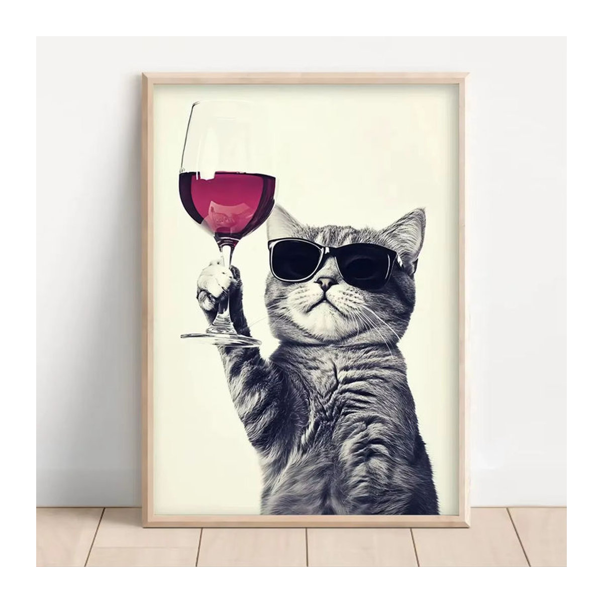 Lustige Wandkunst für Weinliebhaber mit Katze beim Rotwein trinken, mehrfarbiger Textildruck auf Holz, Wanddekoration für deine Küche oder Homebar - Bild 6
