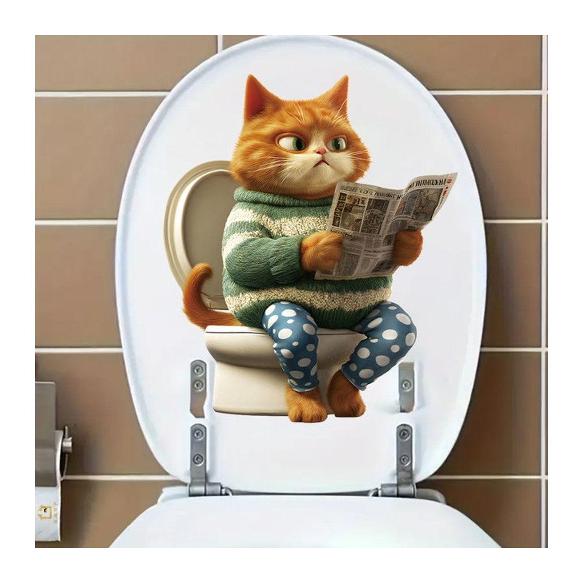 Lustiger Badezimmer-Aufkleber von BRUP mit Zeitung lesender Katze, mehrfarbiger Vinylaufkleber für Kinderbadezimmer und Toilettendekoration - Bild 1