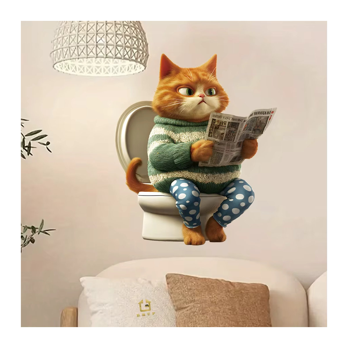 Lustiger Badezimmer-Aufkleber von BRUP mit Zeitung lesender Katze, mehrfarbiger Vinylaufkleber für Kinderbadezimmer und Toilettendekoration - Bild 2