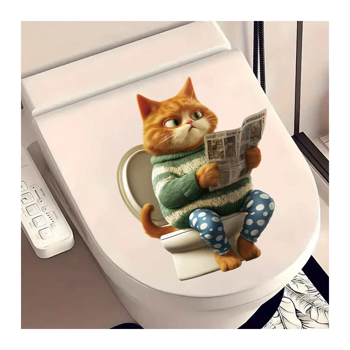 Lustiger Badezimmer-Aufkleber von BRUP mit Zeitung lesender Katze, mehrfarbiger Vinylaufkleber für Kinderbadezimmer und Toilettendekoration - Bild 3