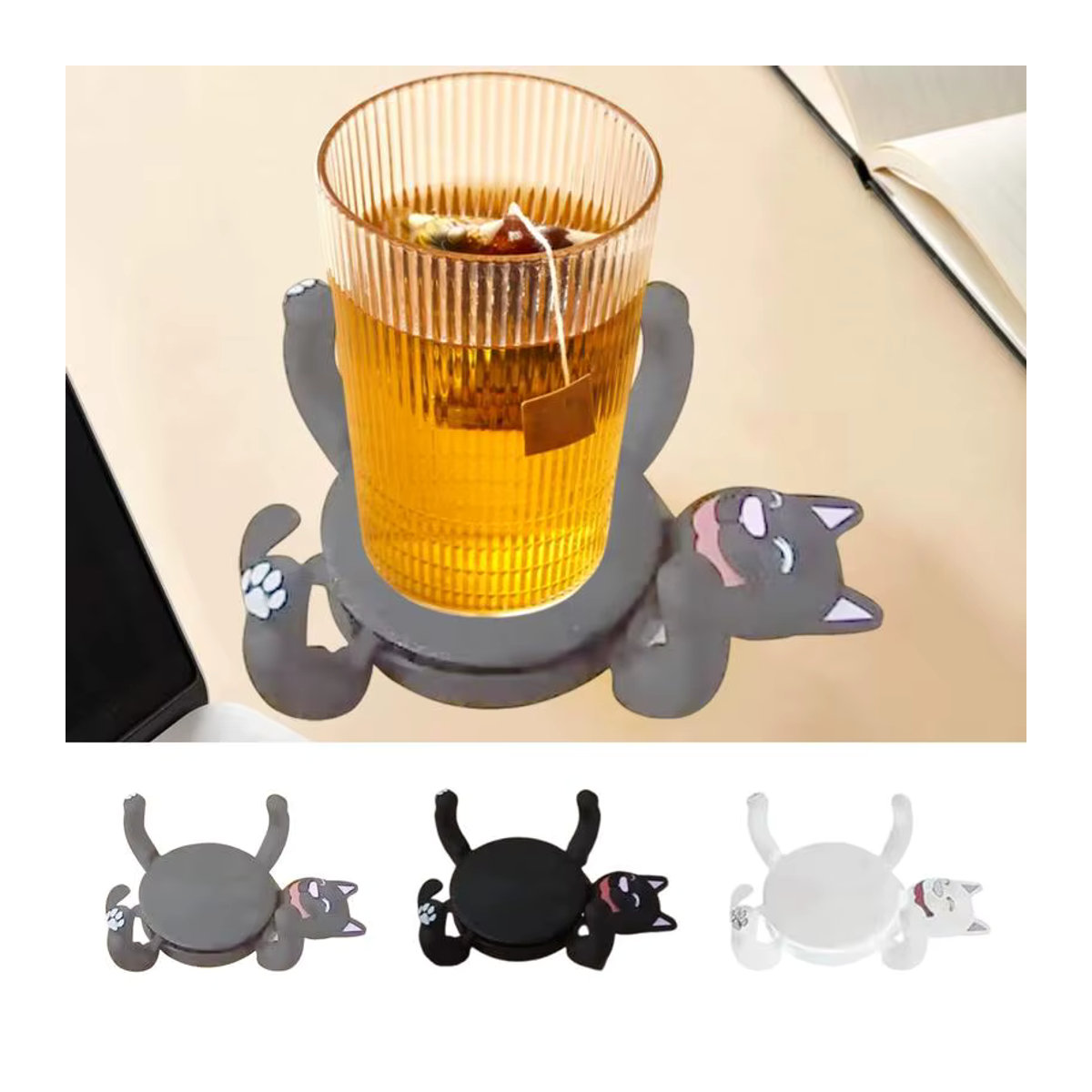 Lustiger Katzenuntersetzer aus Kunststoff in Weiß und Mehrfarbig mit 3D-Druck als rutschfester Getränkehalter und Schreibtischdekoration - Bild 2