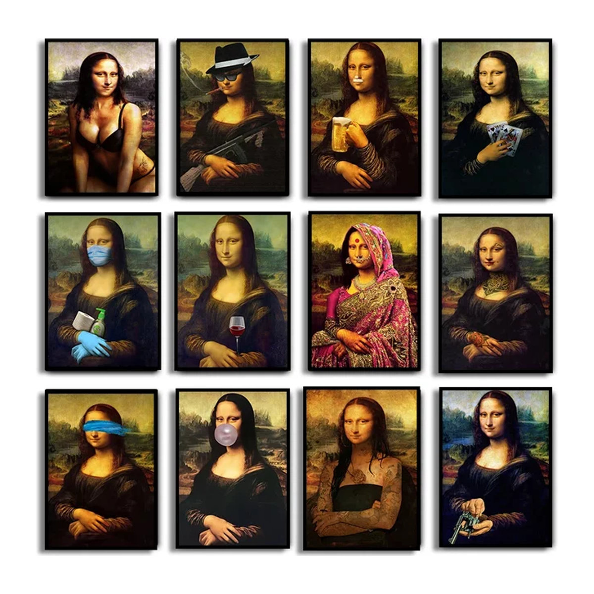 Lustiges Mona Lisa Leinwandgemälde als klassisches Porträt in Hochformat und Mehrfarbig für deine Wanddekoration - Bild 1