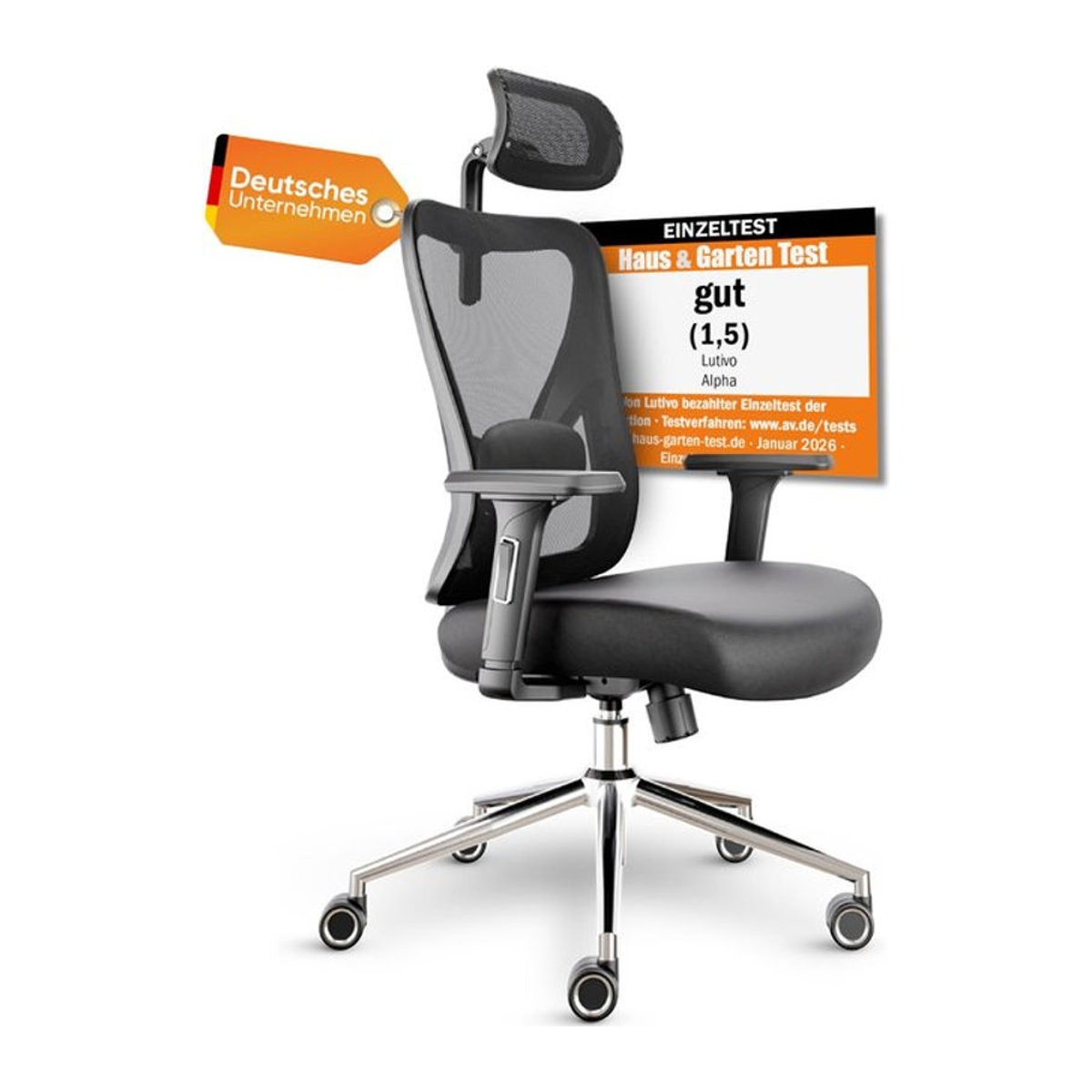 LUTIVO Alpha Ergonomischer Bürostuhl in Schwarz mit Mesh-Rückenlehne – Modernes und minimalistisches Design - Bild 1