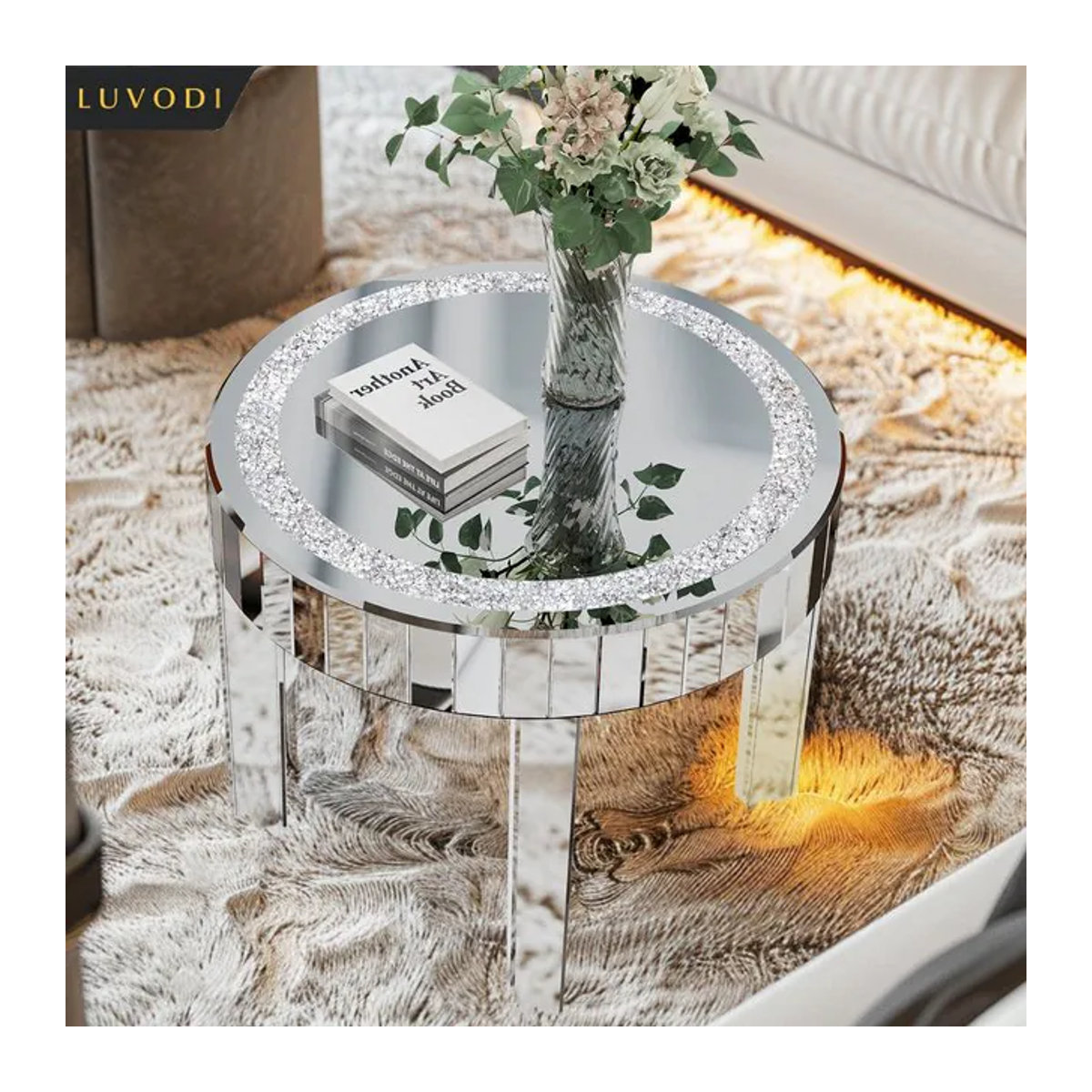 LUVODI Runder Verspiegelter Nachttisch mit Kristall-Diamant-Einlage in Silber und Glas Design - Bild 1