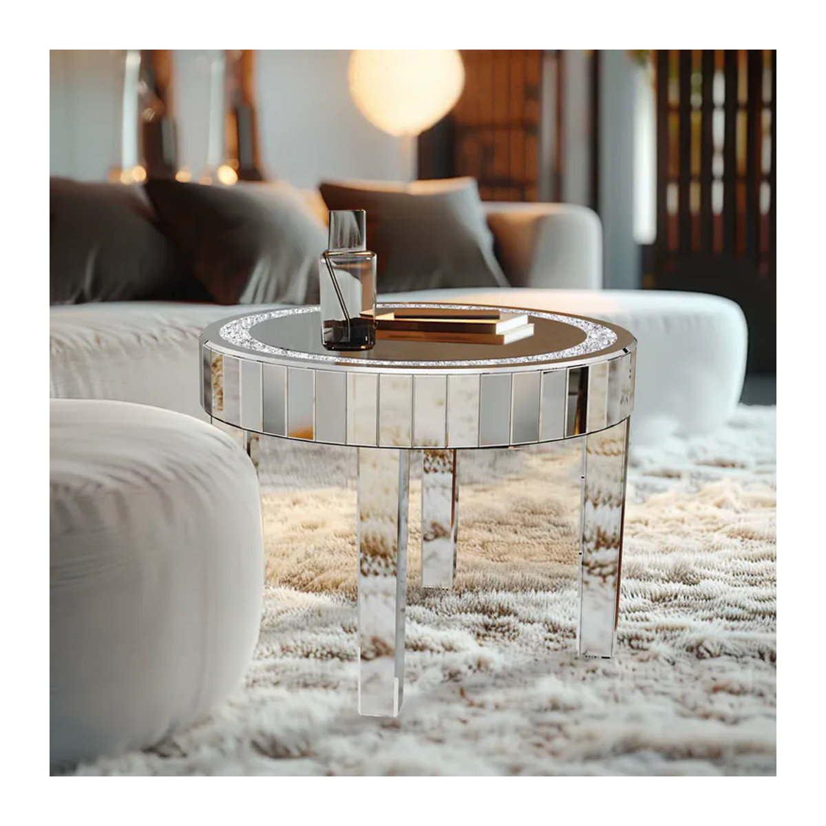 LUVODI Runder Verspiegelter Nachttisch mit Kristall-Diamant-Einlage in Silber und Glas Design - Bild 2