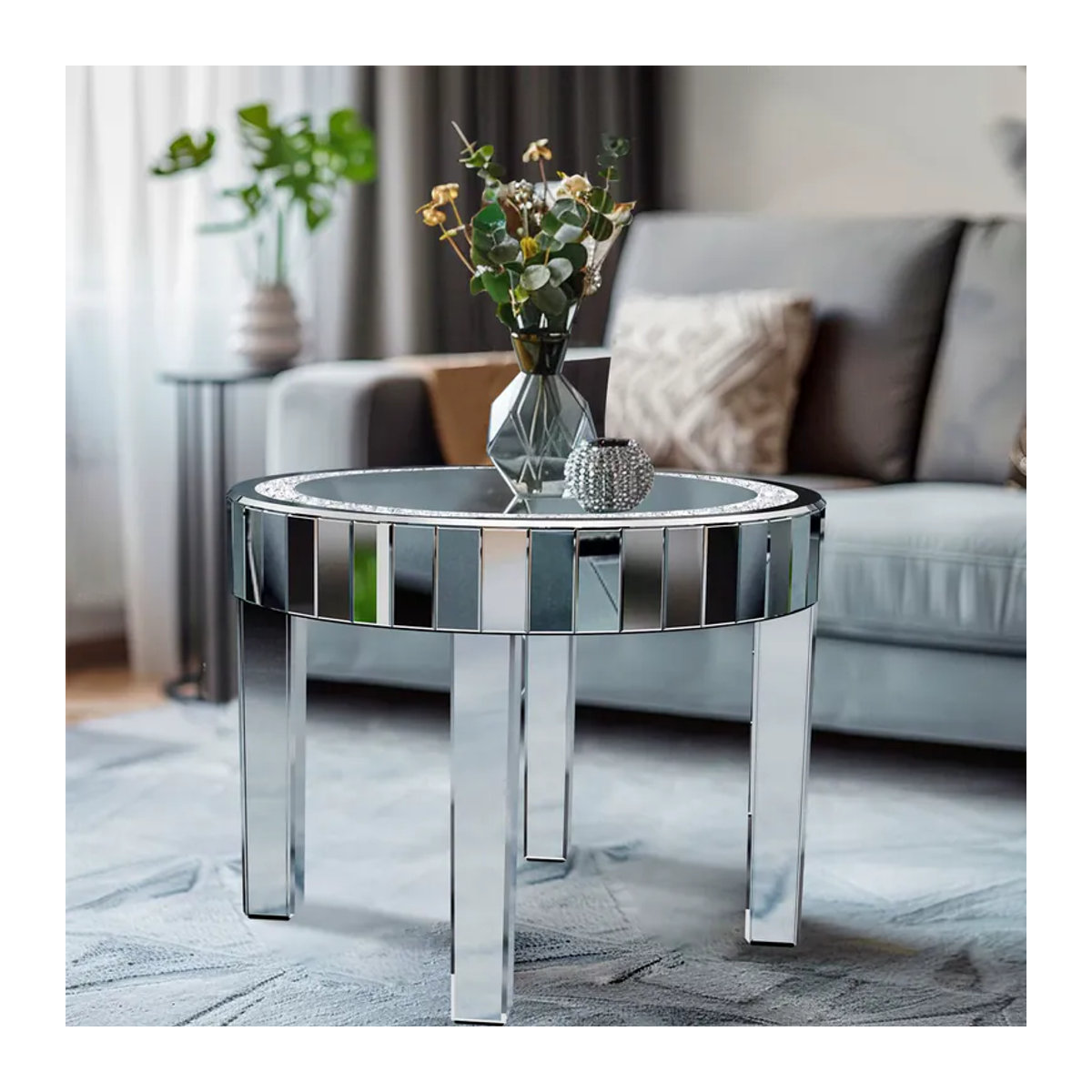 LUVODI Runder Verspiegelter Nachttisch mit Kristall-Diamant-Einlage in Silber und Glas Design - Bild 3