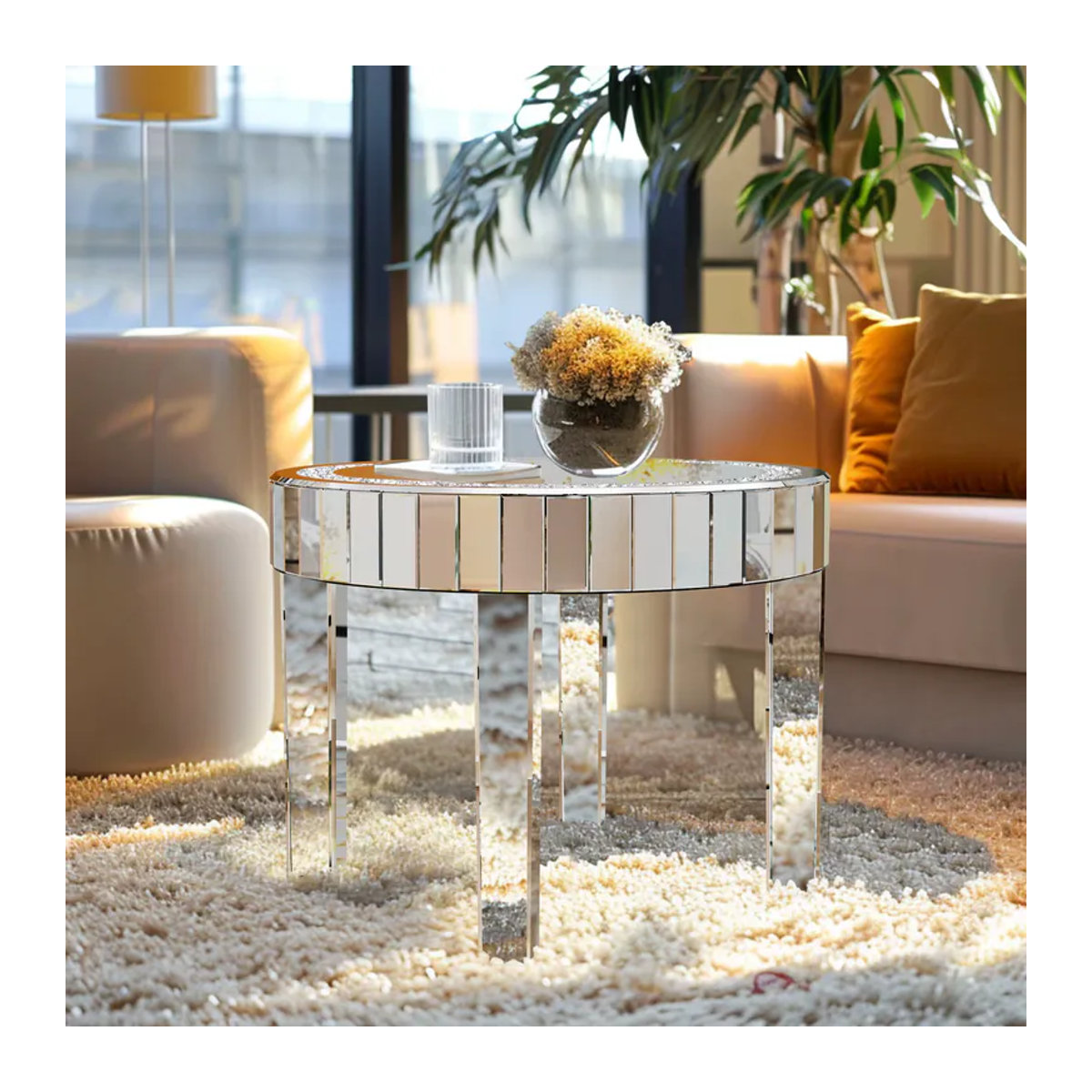 LUVODI Runder Verspiegelter Nachttisch mit Kristall-Diamant-Einlage in Silber und Glas Design - Bild 4