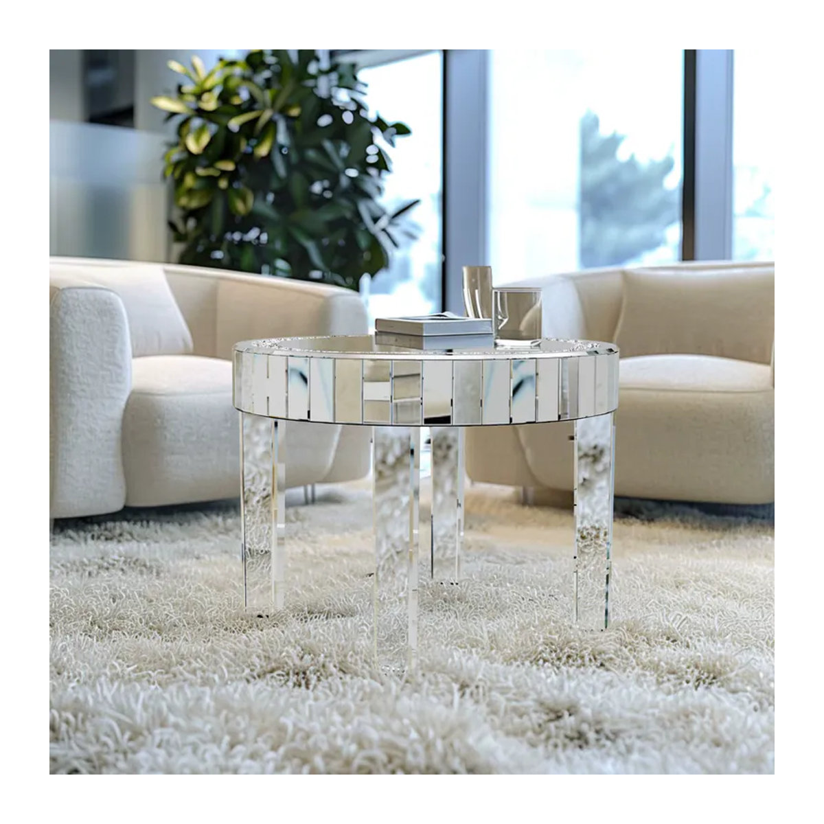 LUVODI Runder Verspiegelter Nachttisch mit Kristall-Diamant-Einlage in Silber und Glas Design - Bild 5