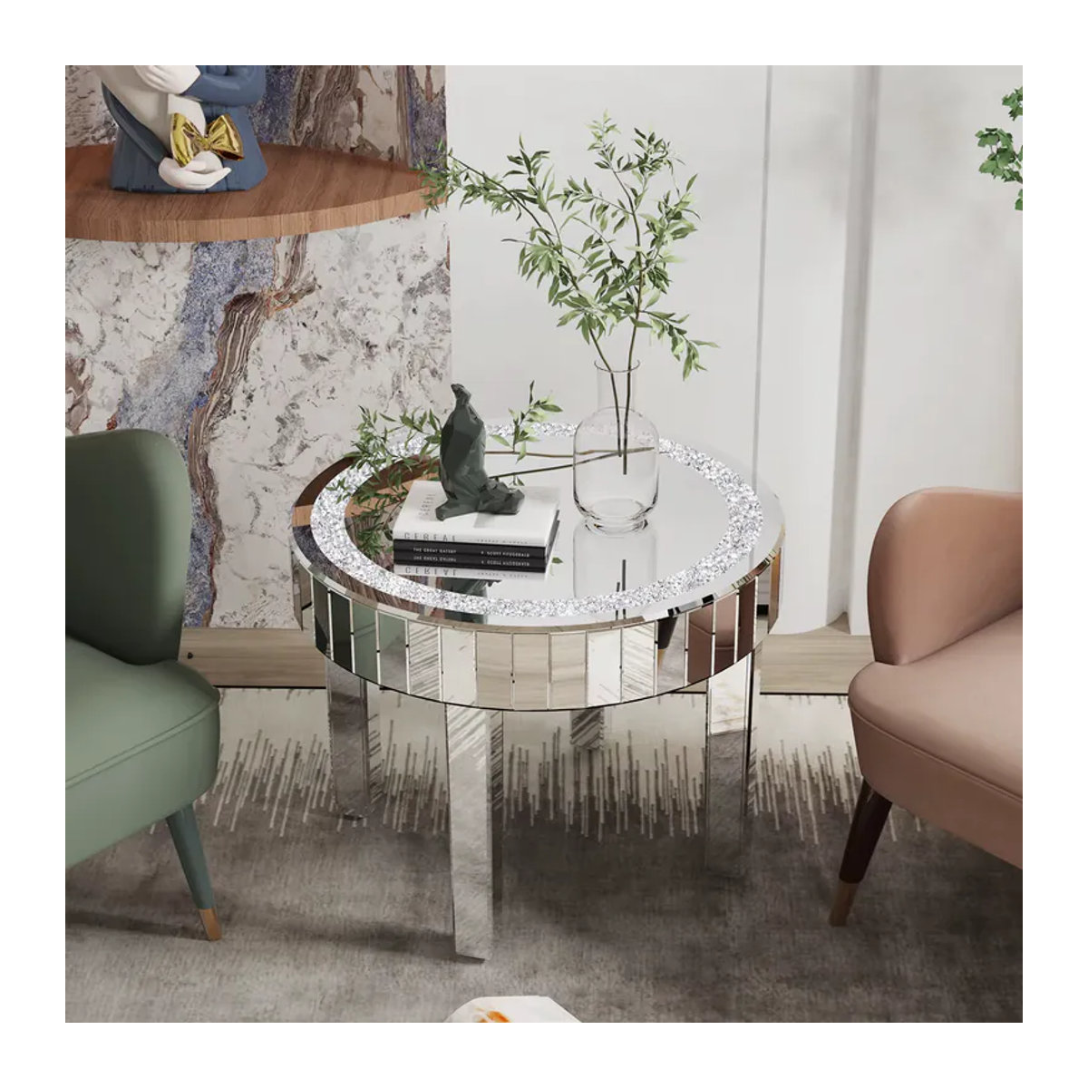 LUVODI Runder Verspiegelter Nachttisch mit Kristall-Diamant-Einlage in Silber und Glas Design - Bild 6