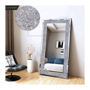LUVODI Wandmontierter Kosmetikspiegel in Silber, Rahmenloser rechteckiger Schminkspiegel mit Kristall-Strass-Design aus Glas, B/H: 120 x 120 cm
