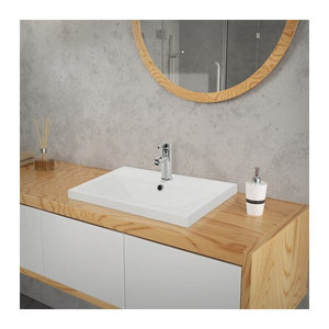 LuxeBath Eckiges Waschbecken mit Überlauf aus Keramik in Weiß, B: 51 cm, T: 41,5 cm, H: 15,5 cm