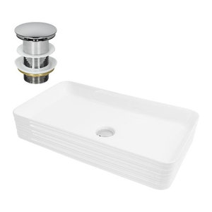 LuxeBath Waschbecken aus Keramik mit Ablaufgarnitur in Weiß und Silber, ohne Überlauf, B/T/H: 68 x 38 x 12 cm