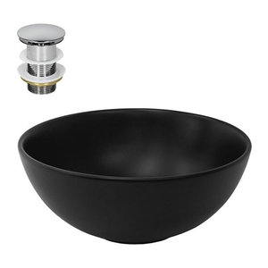 LuxeBath Waschbecken aus Keramik mit Ablaufgarnitur ohne Überlauf in Schwarz und Chrom, Durchmesser: 32 cm, Höhe: 13,5 cm