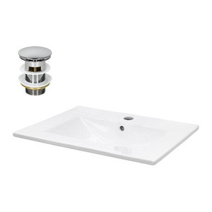 LuxeBath Waschbecken aus Keramik mit Ablaufgarnitur und Überlauf in Weiß und Chrom, B: 61 cm, T: 46,5 cm, H: 17,5 cm