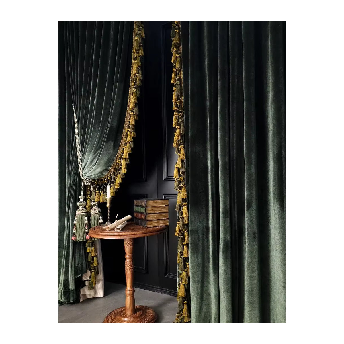 Luxuriöse Retro-Verdunkelungsvorhänge aus verdicktem Samt mit Quasten in Verdunkelgrün für Wohnzimmer und Schlafzimmer - Bild 4