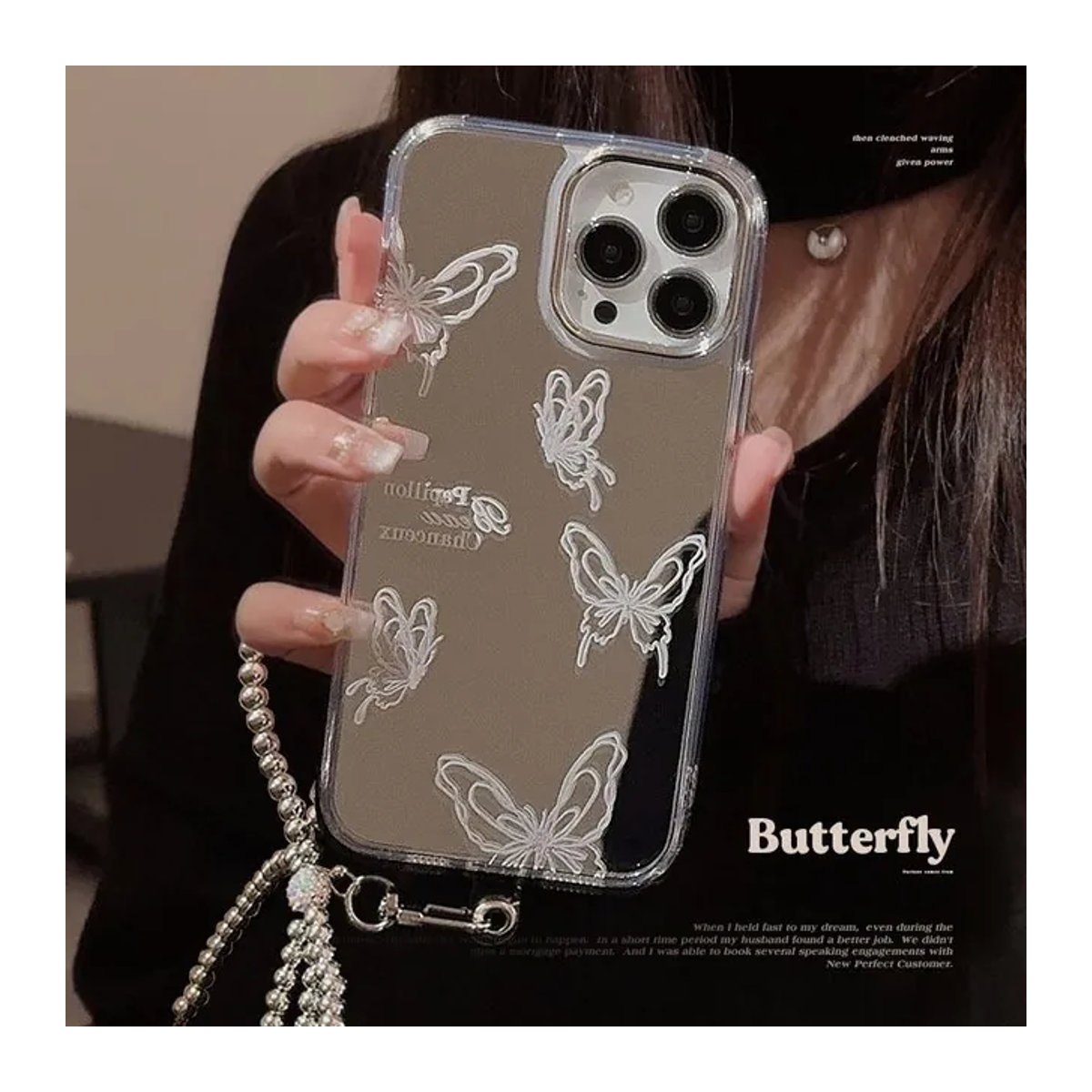 Luxuriöse Schmetterlings-Bowknot-Hängekette mit Make-up-Spiegel und stoßfester Schutzhülle für iPhone 16, 15, 14, 13, 12, 11, Pro Max in Silber - Bild 1