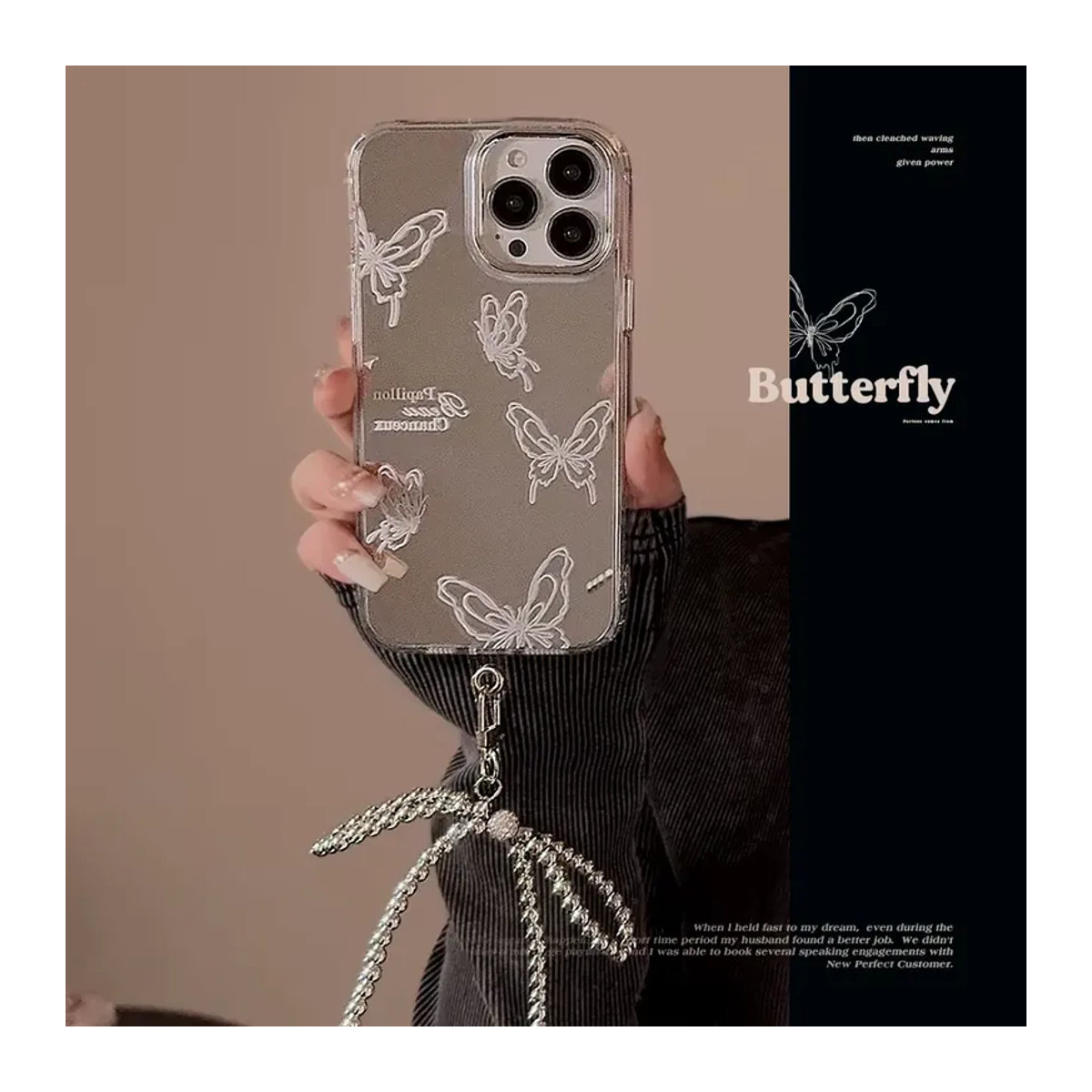 Luxuriöse Schmetterlings-Bowknot-Hängekette mit Make-up-Spiegel und stoßfester Schutzhülle für iPhone 16, 15, 14, 13, 12, 11, Pro Max in Silber - Bild 2