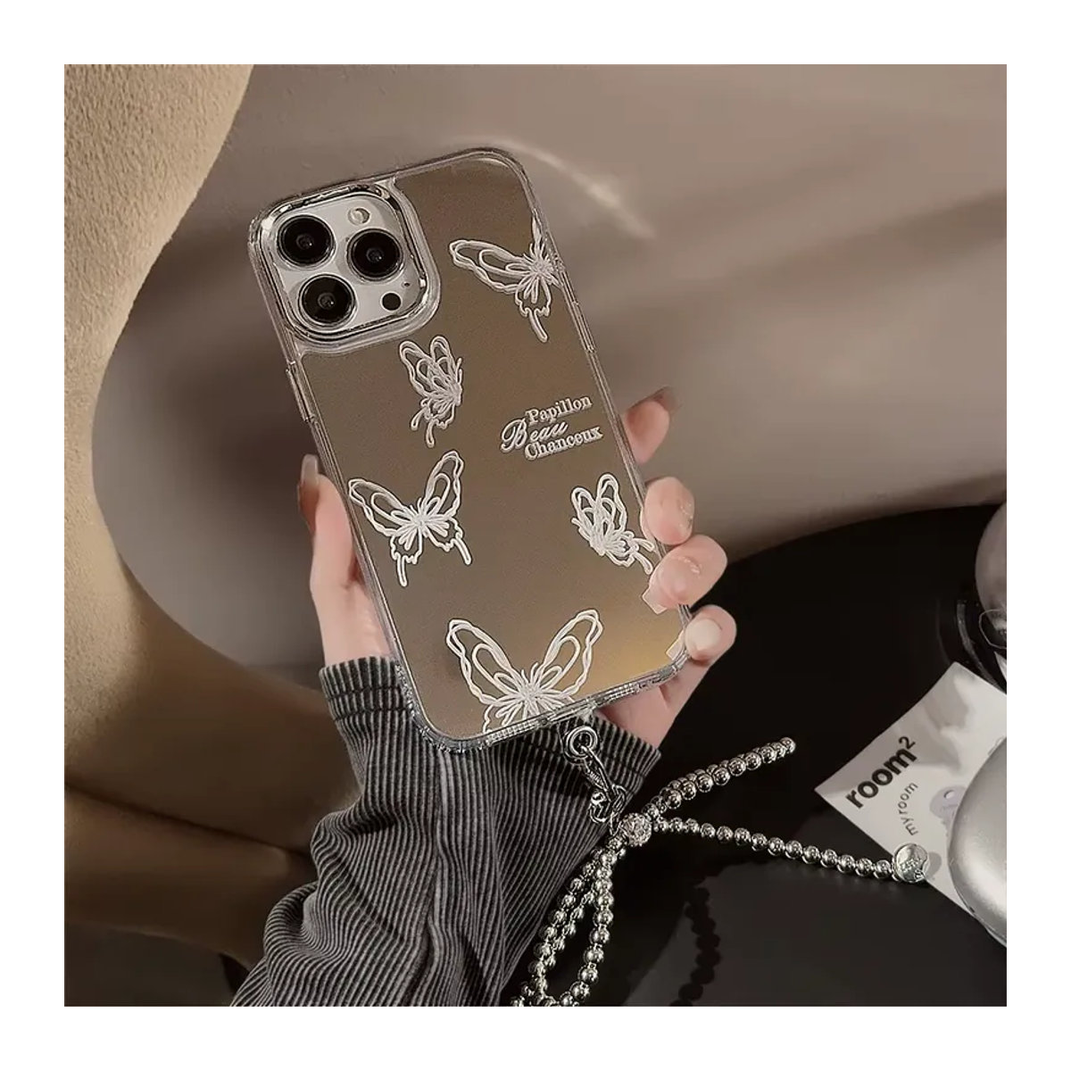 Luxuriöse Schmetterlings-Bowknot-Hängekette mit Make-up-Spiegel und stoßfester Schutzhülle für iPhone 16, 15, 14, 13, 12, 11, Pro Max in Silber - Bild 3
