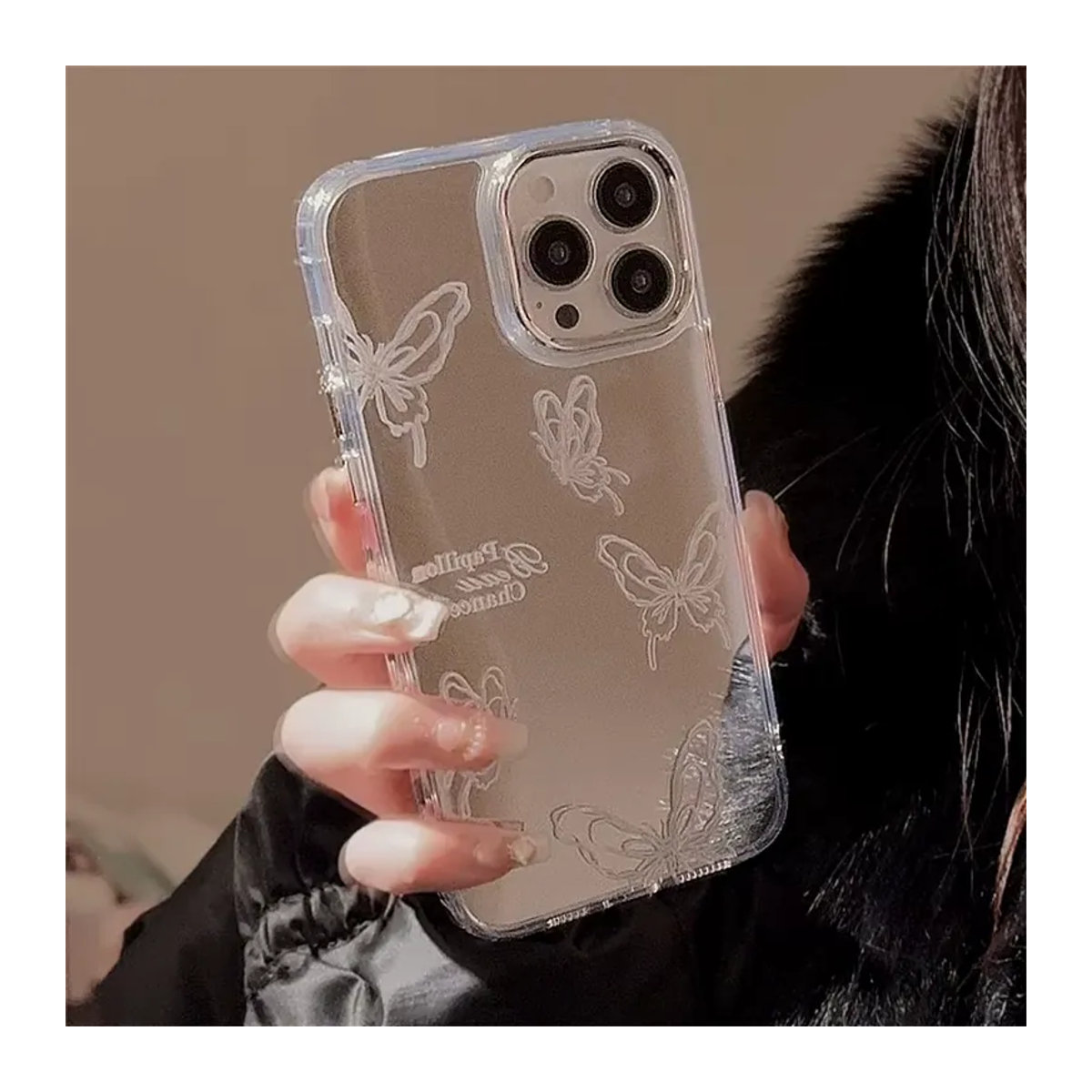 Luxuriöse Schmetterlings-Bowknot-Hängekette mit Make-up-Spiegel und stoßfester Schutzhülle für iPhone 16, 15, 14, 13, 12, 11, Pro Max in Silber - Bild 4