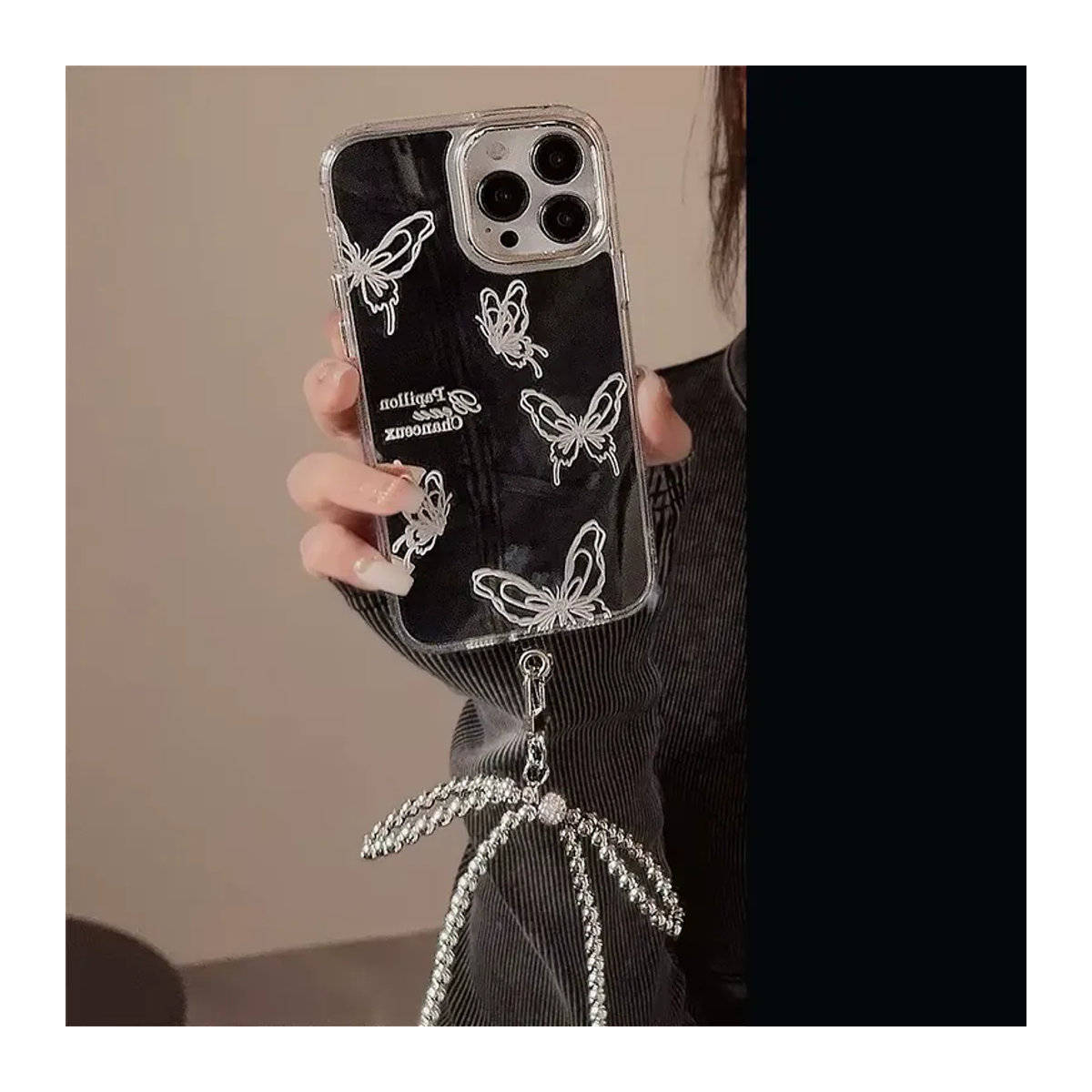 Luxuriöse Schmetterlings-Bowknot-Hängekette mit Make-up-Spiegel und stoßfester Schutzhülle für iPhone 16, 15, 14, 13, 12, 11, Pro Max in Silber - Bild 5