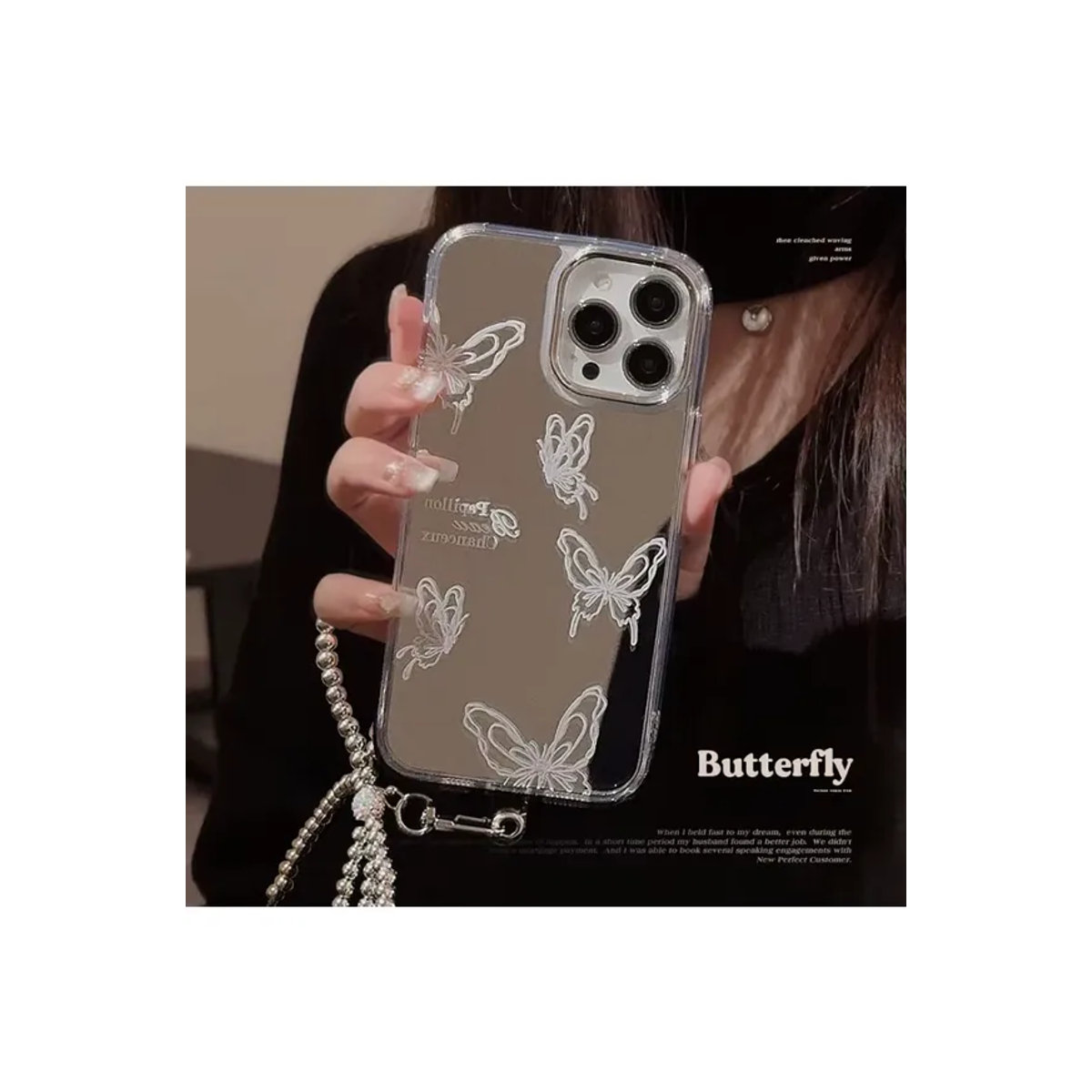 Luxuriöse Schmetterlings-Bowknot-Hängekette mit Make-up-Spiegel und stoßfester Schutzhülle für iPhone 16, 15, 14, 13, 12, 11, Pro Max in Silber - Bild 7