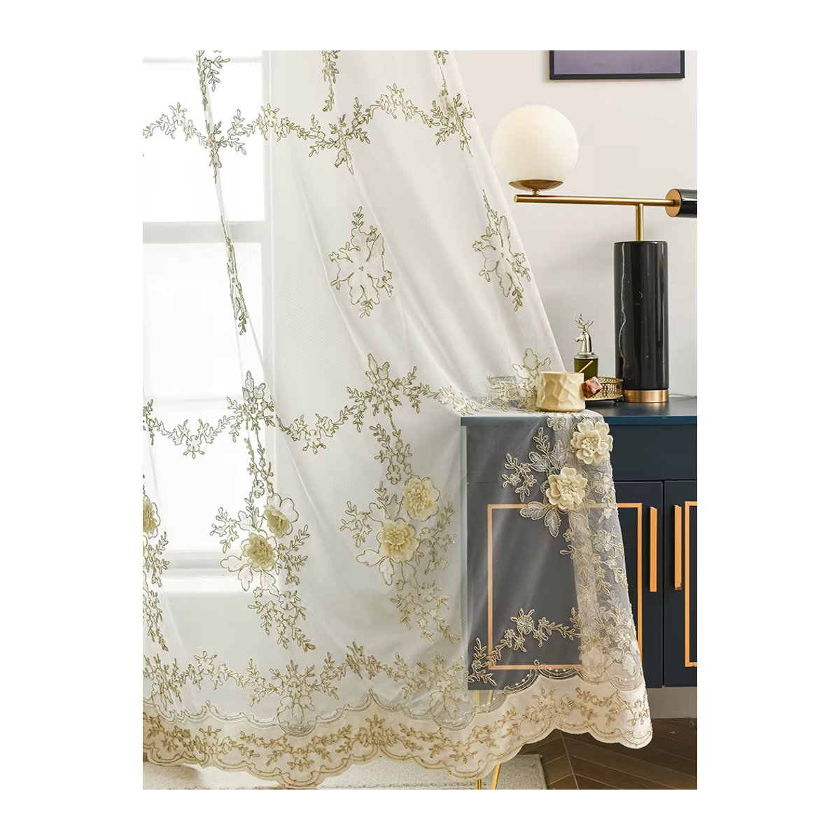 Luxuriöse transparente Tüll-Vorhänge mit europäischer dreidimensionaler Relief-Stickerei für Wohnzimmer, Schlafzimmer und Esszimmer - Bild 2