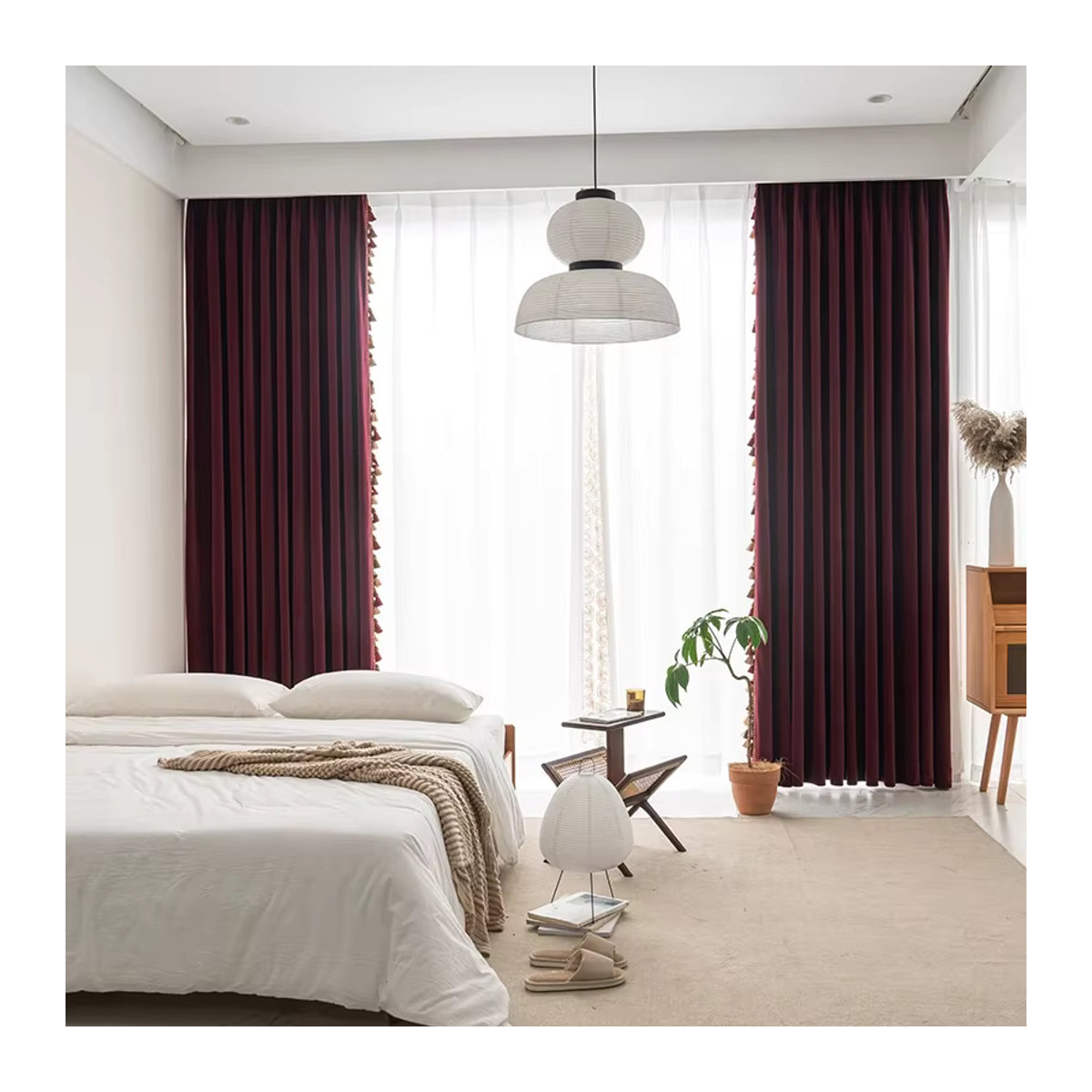 Luxuriöse Verdunkelungsvorhänge aus Samt im europäischen Stil mit Quasten in Rot für Wohnzimmer, Schlafzimmer und Esszimmer - Bild 3