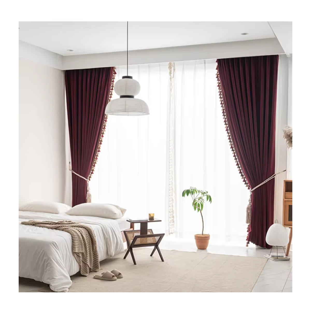 Luxuriöse Verdunkelungsvorhänge aus Samt im europäischen Stil mit Quasten in Rot für Wohnzimmer, Schlafzimmer und Esszimmer - Bild 4