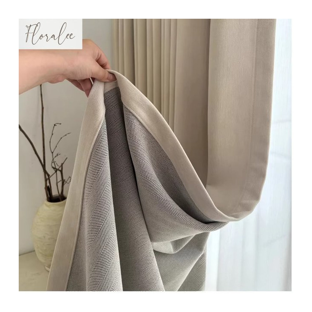 Luxuriöse Verdunkelungsvorhänge von Floralee Store mit Fischgrätenmuster aus dickem Chenille in Beige und Creme für Wohnzimmer und Schlafzimmer - Bild 1