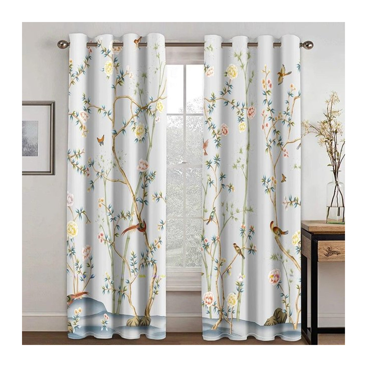 Luxuriöse Vorhänge mit Blumen- und Vogel-Design im 3D-Druck für Wohnzimmer und Schlafzimmer, 2er-Set, B: 70 cm, H: 160 cm - Bild 1