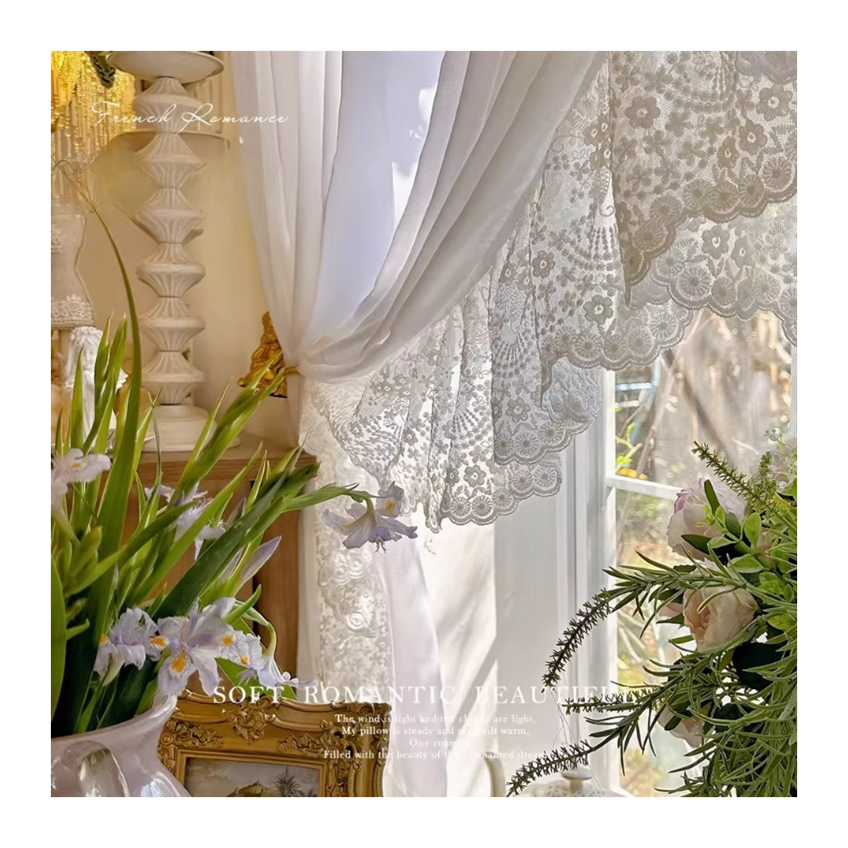 Luxuriöse weiße Chiffon-Vorhänge aus französischer Spitze und transparentem Tüll für dein Wohnzimmer, Schlafzimmer oder Esszimmer - Bild 3