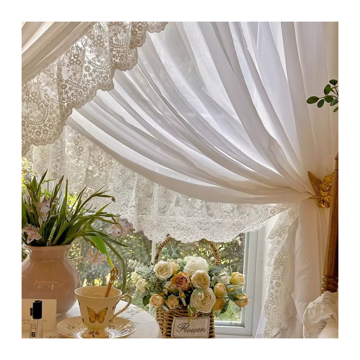 Luxuriöse weiße Chiffon-Vorhänge aus französischer Spitze und transparentem Tüll für dein Wohnzimmer, Schlafzimmer oder Esszimmer - Bild 5