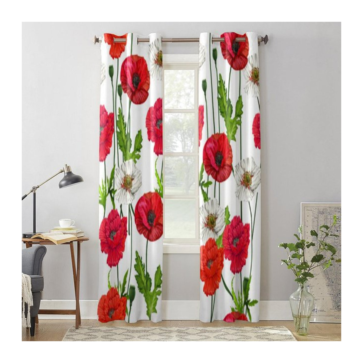 Luxuriöser Fenstervorhang Super Six mit Mohnblumen-Motiv in Weiß, semi-transparent, B: 135 cm, H: 60 cm - Bild 1