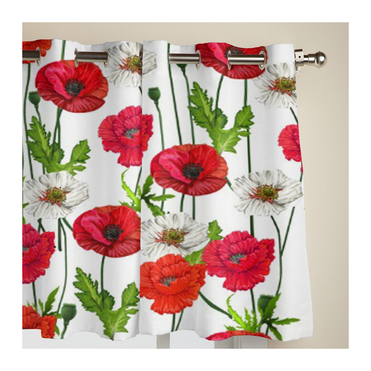 Luxuriöser Fenstervorhang Super Six mit Mohnblumen-Motiv in Weiß, semi-transparent, B: 135 cm, H: 60 cm - Bild 2