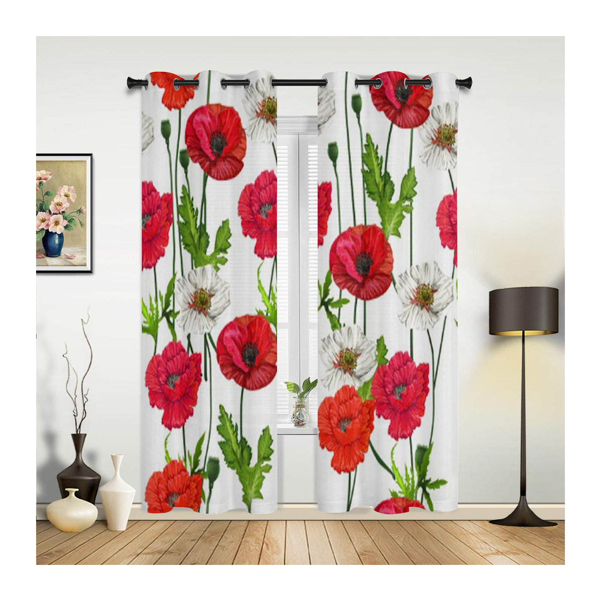 Luxuriöser Fenstervorhang Super Six mit Mohnblumen-Motiv in Weiß, semi-transparent, B: 135 cm, H: 60 cm - Bild 3