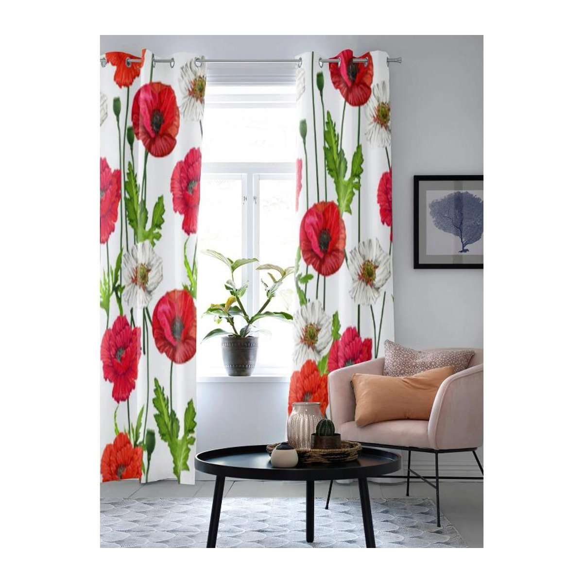 Luxuriöser Fenstervorhang Super Six mit Mohnblumen-Motiv in Weiß, semi-transparent, B: 135 cm, H: 60 cm - Bild 4