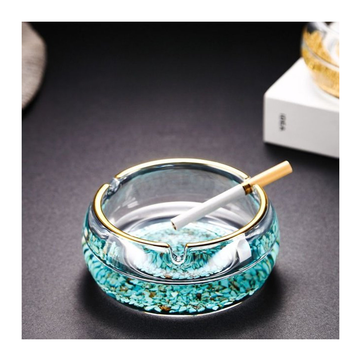 Luxuriöser Kristallglas-Aschenbecher in Blau und Transparent, Rundes Design mit Abstract-Muster für Büro und Zuhause - Bild 1