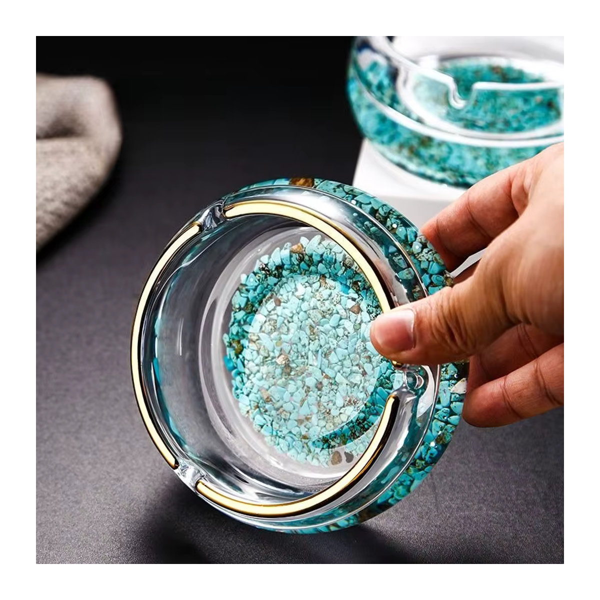 Luxuriöser Kristallglas-Aschenbecher in Blau und Transparent, Rundes Design mit Abstract-Muster für Büro und Zuhause - Bild 2